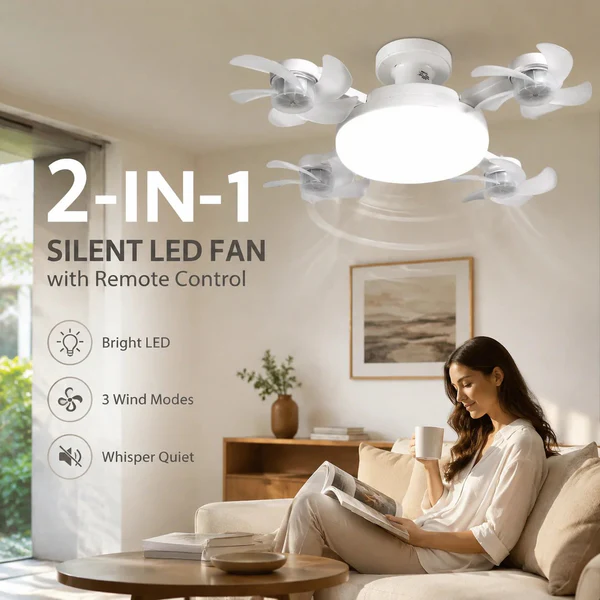 2-in-1 Silent LED Fan with Remote Control, Energy-Saving Cooling and Lighting Integrated Unit